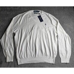 NWT Polo Ralph Lauren V-Neck Sweater Mens XXL White Pima Cotton Classic L/S